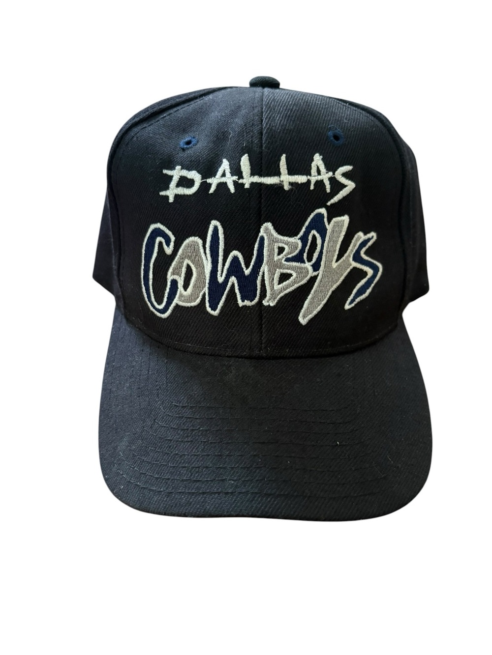 Vtg Dallas Cowboys Script Snapback Hat EUC Navy Blue Retro NFL Cap